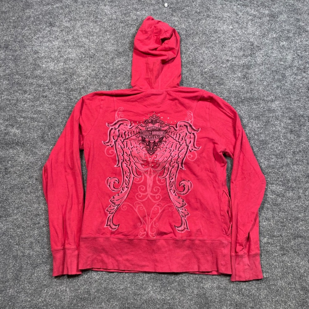 Harley-Davidson Womens Pink Quarter Zip Winged‎ Graphic Hoodie Size L 1RXT-H-DMC